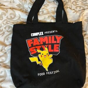 Black Complex Presents Family Style tote bag and white T shirt
